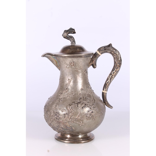 78 - Chinese silver hot water jug, late 19th century, the hinged lid with naturalistic branch finial, mat... 