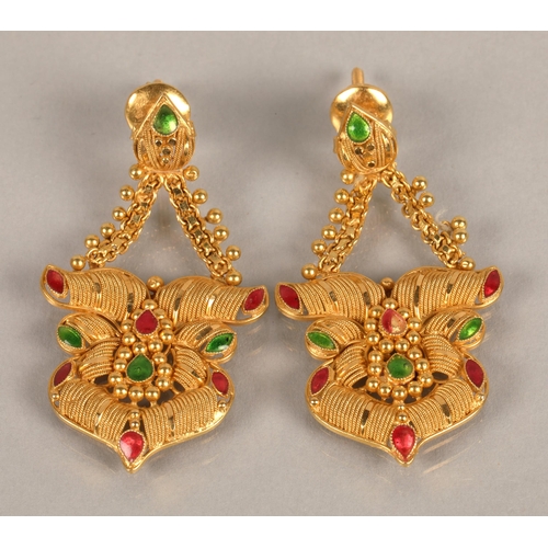 106 - 21k yellow gold earrings with green and pink enamel detail, a little damage to one, gross weight 13.... 