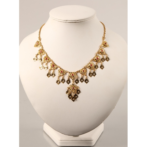 107 - High karat yellow gold necklace and matching earrings, set with pink gems, gross weight 45g