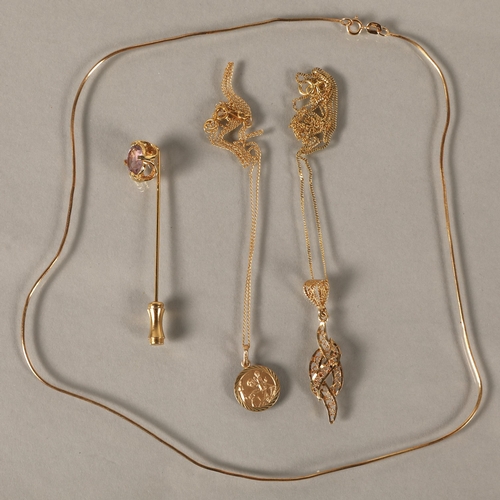 114 - Three 9k gold necklaces, one with St Christopher pendant, gross weight 5.2g, and a yellow metal pin ... 