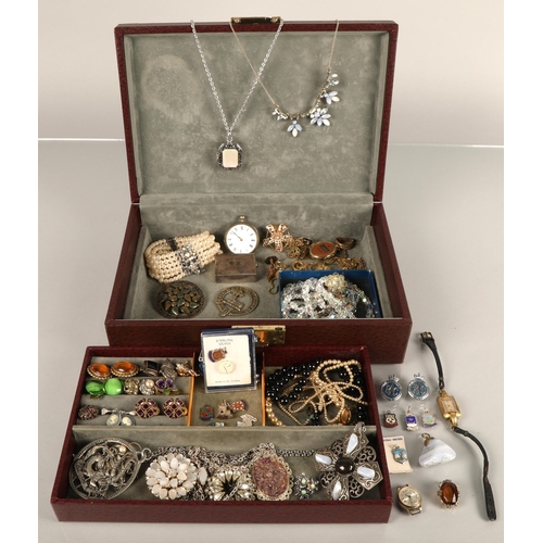 120 - Large assortment of costume jewellery in jewellery box, including vintage clip on earrings, beads, b... 