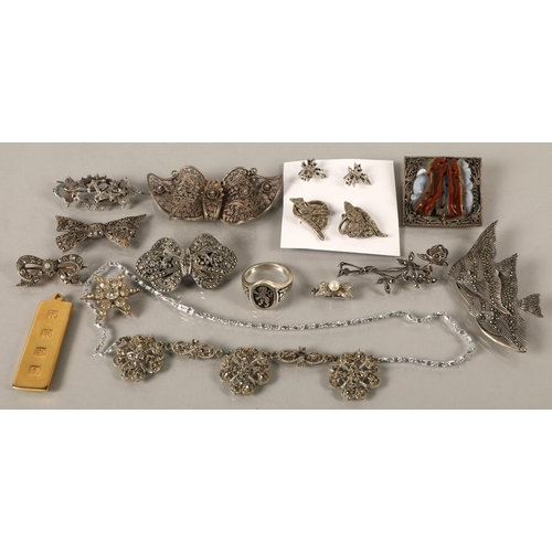 156 - Assortment of silver marcasite set brooches etc, a silver signet ring hallmarked Edinburgh size T, a... 