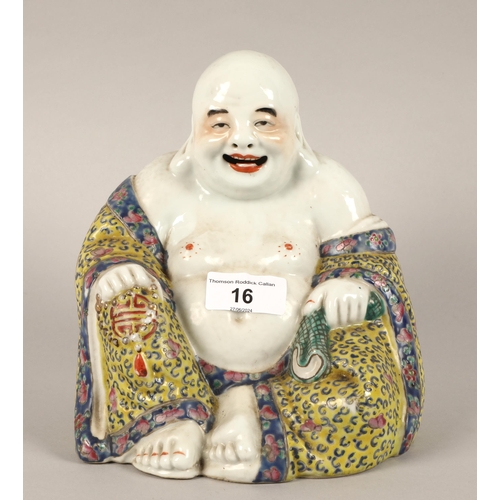 16 - Chinese famille rose buddha figure, markings to base, 18cm high