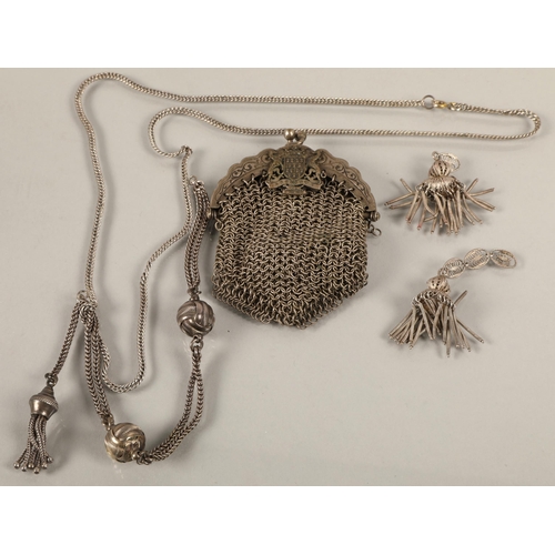 166 - White metal chainmail chatelaine purse with Bretagne crest, two filigree drop pendants, and white me... 