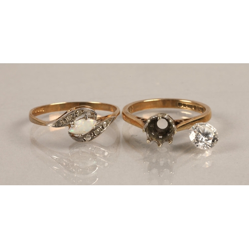 168 - Two 9ct gold rings set with white gems and one with an opal, gross weight 3.2g