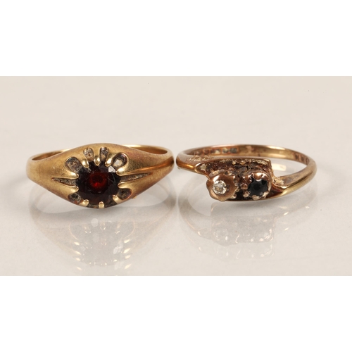 196 - 9ct gold ring set with a diamond and blue gem, and another illegibly marked set with a pink gem, gro... 