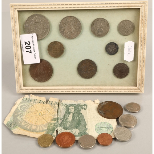 207 - Set of British coins mounted in frame, English £1 pound note, and other coins