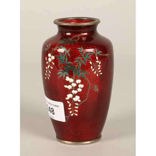 248 - Japanese red cloisonné ginbari enamel vase with swallows and floral design. 12cm h