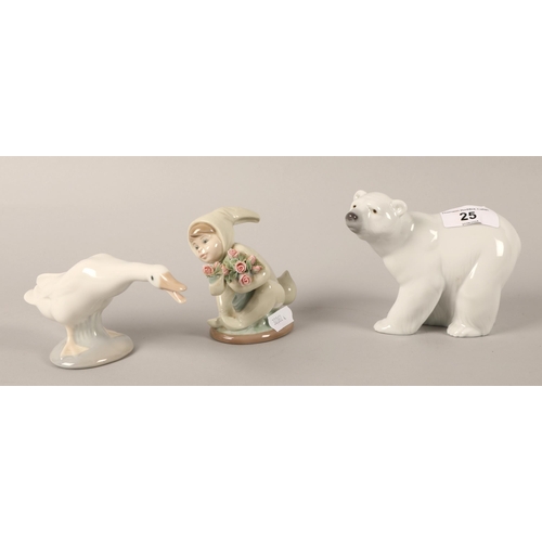 25 - Three Lladro figurines to include polar bear, rabbit child with flowers & goose