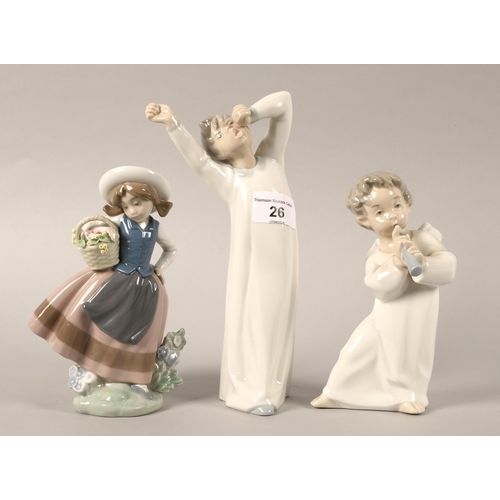 26 - Three Lladro figures to include boy in pyjamas, boy angel & girl holding basket of flowers