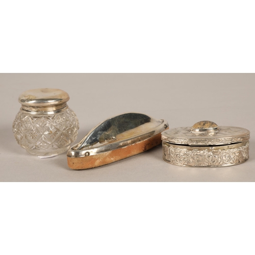 268 - Silver mounted nail buffer, silver topped toilet jar and 800 silver pill box with green man design a... 