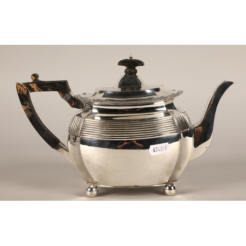 275 - Victorian silver oval part fluted teapot raised on four bun feet, London 1898 (handle at fault)678 g... 