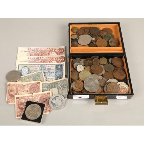 50 - Assorted coins and banknotes, British, Commemorative, Empire etc, Queen Victoria One Penny Model,