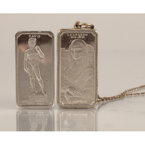 60 - Two 925 silver ingots, featuring Michelangelo's David and the Mona Lisa, the latter mounted in white... 