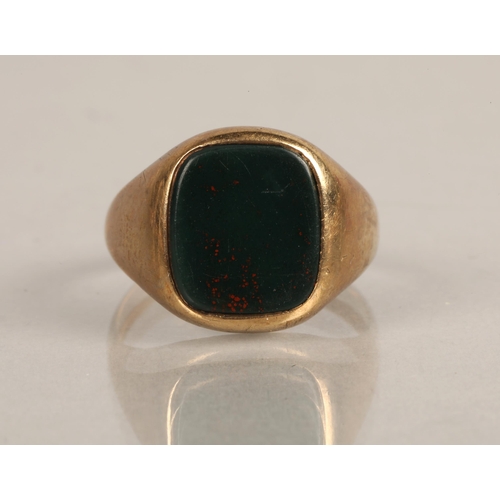 65 - Gold signet, hallmarks illegible, set with bloodstone, ring size P/Q, 3.9g