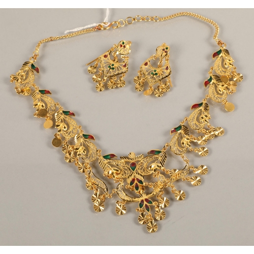 82 - High karat yellow gold necklace and matching earrings with filigree and enamel detail, gross weight ... 