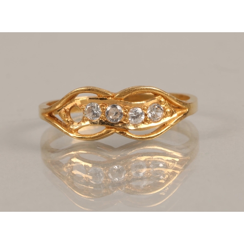 85 - High karat yellow gold ring set with four white gems, one setting empty, ring size N, 2.2g