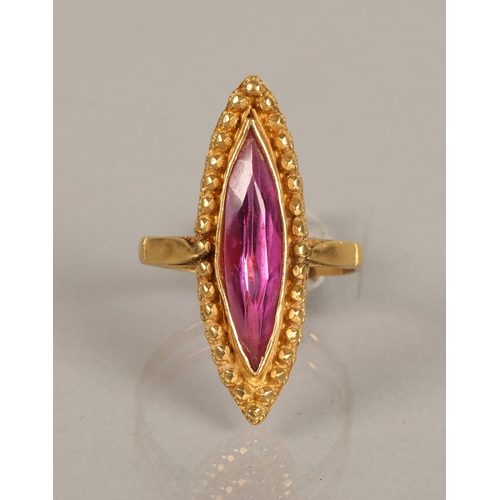 91 - High karat yellow gold ring set with a pink gem, illegibly marked, 5g, ring size O/P