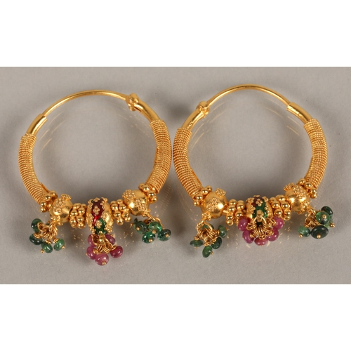 93 - 22k yellow gold hoop earrings with green and pink beads and enamelling, gross weight 12.5g