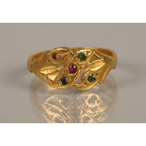 227 - High karat yellow gold ring set with green and pink gems (one missing), 4.7g, ring size L