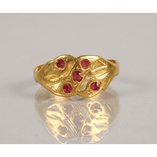 229 - High karat yellow gold ring set with five pink gems, 4.3g, ring size N