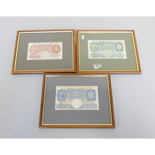 285 - United Kingdom. Bank of England three framed banknotes comprising of a 1930s Green £1 Britannia seri... 