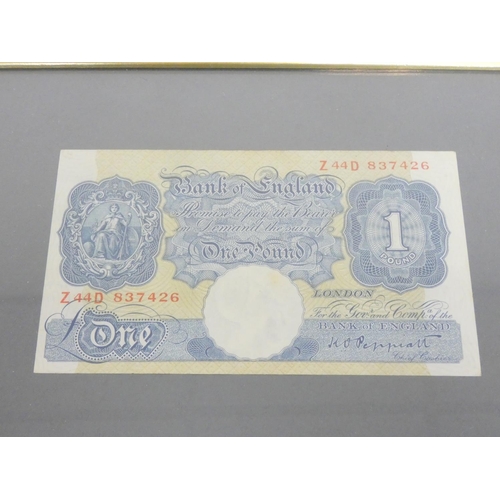 285 - United Kingdom. Bank of England three framed banknotes comprising of a 1930s Green £1 Britannia seri... 