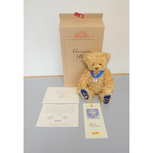 45 - Steiff. Coronation teddy bear 1953-2003 Peter Jones Exclusive, white tag and Royal Worcester medal 6... 