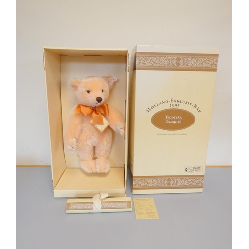 54 - Steiff. Orange Teddy Bear, 1995, white tag 650857, Holland Exclusive, peach mohair with bowtie. Comp... 