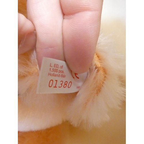 54 - Steiff. Orange Teddy Bear, 1995, white tag 650857, Holland Exclusive, peach mohair with bowtie. Comp... 