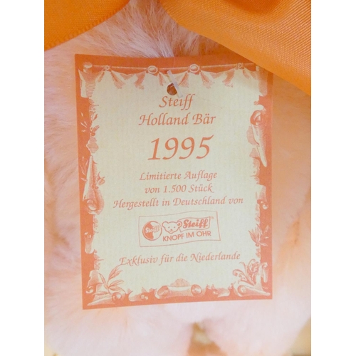 54 - Steiff. Orange Teddy Bear, 1995, white tag 650857, Holland Exclusive, peach mohair with bowtie. Comp... 