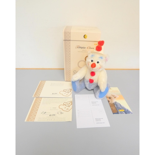 62 - Steiff. Clown Teddy Bear, 2006, white tag 037528, in white mohair with clown hat and red nose. Compl... 