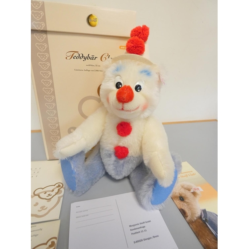 62 - Steiff. Clown Teddy Bear, 2006, white tag 037528, in white mohair with clown hat and red nose. Compl... 