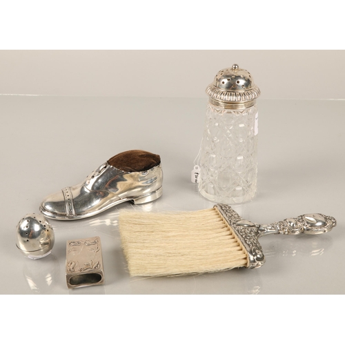 220 - Silver items to include cruet, brush, pin cushion in form of shoe, etc