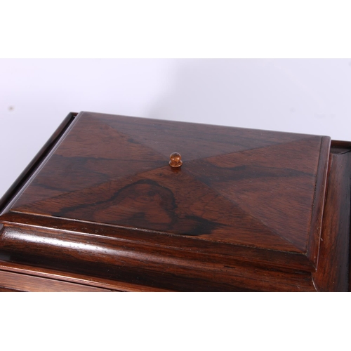 284 - Victorian Rosewood sewing box, the cross section lid opening to reveal fitted shelf compartment and ... 