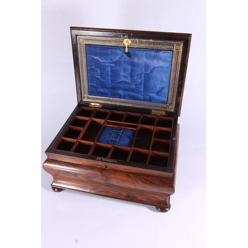 284 - Victorian Rosewood sewing box, the cross section lid opening to reveal fitted shelf compartment and ... 