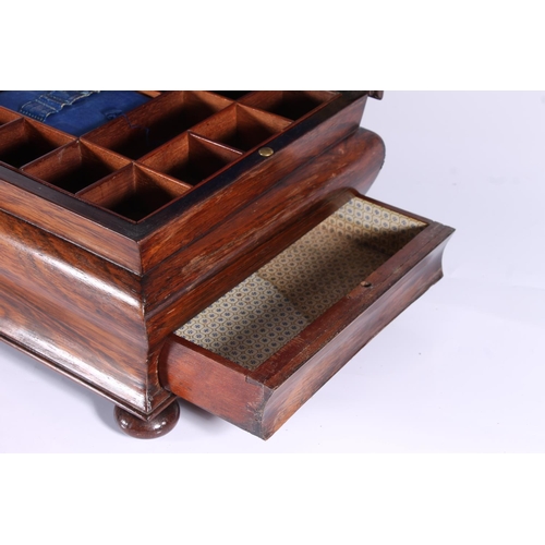 284 - Victorian Rosewood sewing box, the cross section lid opening to reveal fitted shelf compartment and ... 