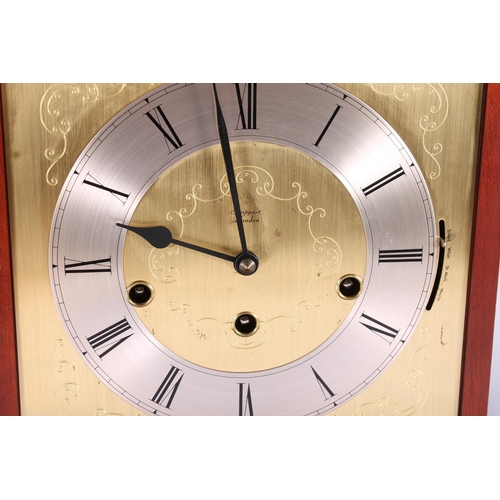 289 - West German stained mahogany bracket clock, c1980s, the engraved brass face with arrow hands between... 