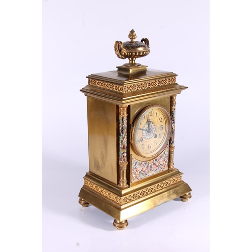 290 - French champleve enamel mantel clock, late 19th century, the enamelled urn surmount over a pierced f... 