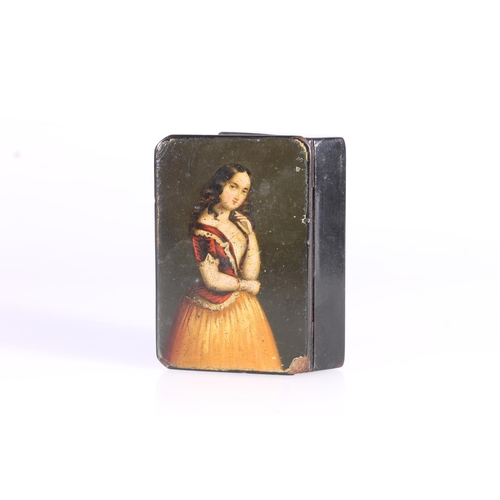 296 - In the manner of Stobwasser, a painted papier mache table snuff box, early to mid 19th century, the ... 