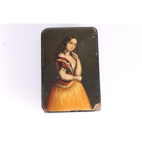 296 - In the manner of Stobwasser, a painted papier mache table snuff box, early to mid 19th century, the ... 