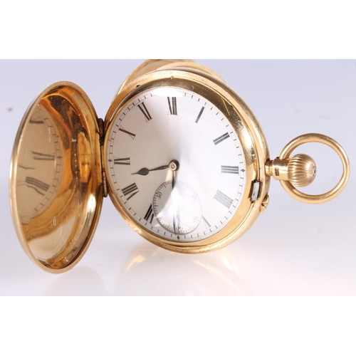 189 - Early 20thC 18ct gold full hunter pocket watch, the hinged case opening to reveal white enamel dial ... 