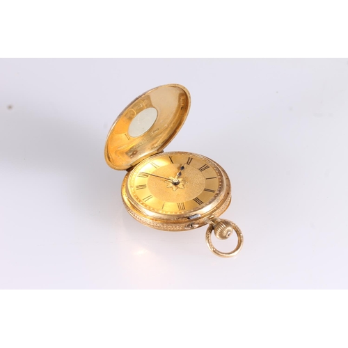 190 - Victorian 18ct gold ladies half hunter pocket watch, the fancy engraved hinged case with enamelled r... 