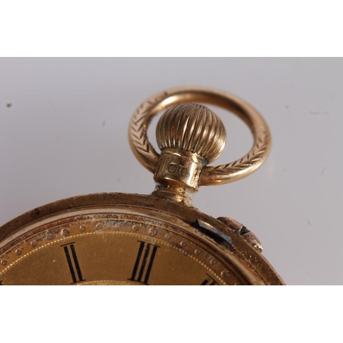 190 - Victorian 18ct gold ladies half hunter pocket watch, the fancy engraved hinged case with enamelled r... 