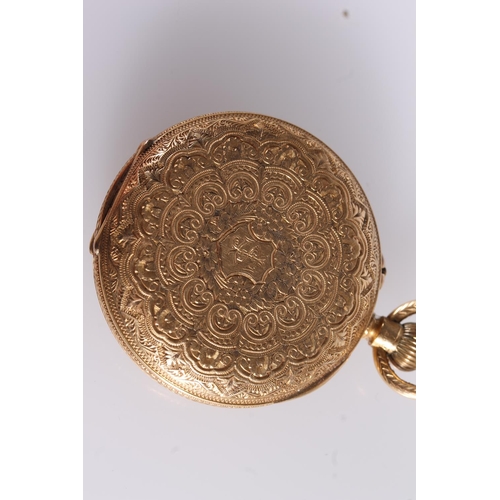 190 - Victorian 18ct gold ladies half hunter pocket watch, the fancy engraved hinged case with enamelled r... 