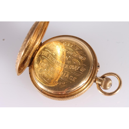 190 - Victorian 18ct gold ladies half hunter pocket watch, the fancy engraved hinged case with enamelled r... 