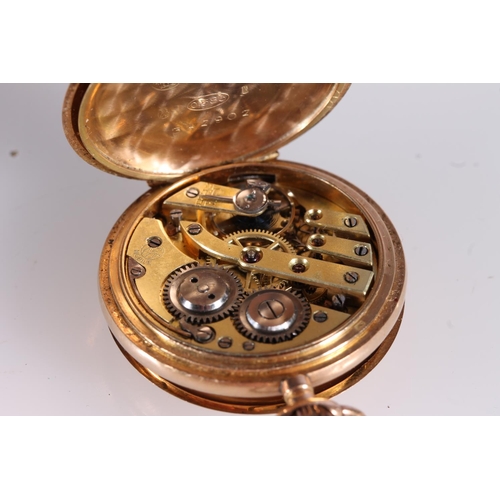 191 - Early 20thC 14ct gold Swiss fob watch, the engine turned case opening to reveal cream coloured dial ... 