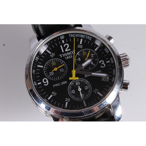 197 - Tissot PRC 200 chronograph stainless steel wristwatch with black dial, ref. T 461, three subsid... 