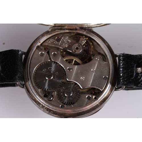 199 - Rolex WWI period silver cased trench watch, cathedral hands within arabic numerals, minutes track an... 