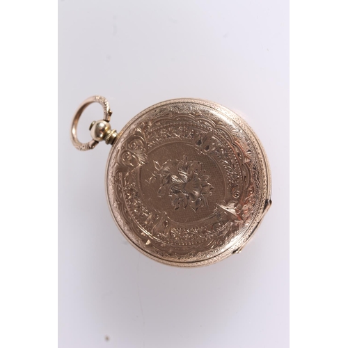 202 - Early 20thC ladies 14kt gold pocket watch, the champagne dial with roman numerals, beaded minute mar... 